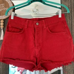 red jean shorts